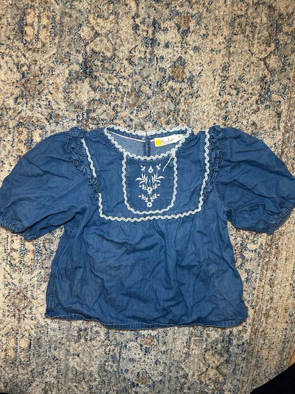 Mini Boden Denim Embroidered Top Size Kids 7-8Y Blue Chambray Ruffle Blouse